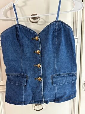Sincerely Jules Blue Denim Strapless Top with Gold Buttons